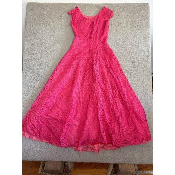 Vintage 50s Anns Vogue Shoppe Dress Small Midi Full Skirt Pink Lace Bubble - Picture 13 of 16